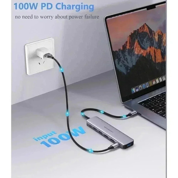 Newmight 7 in 1 USB C to Dual HDMI Adapter 3 USB 3.0, PD 100W Charging USB,USB C - Picture 7 of 12